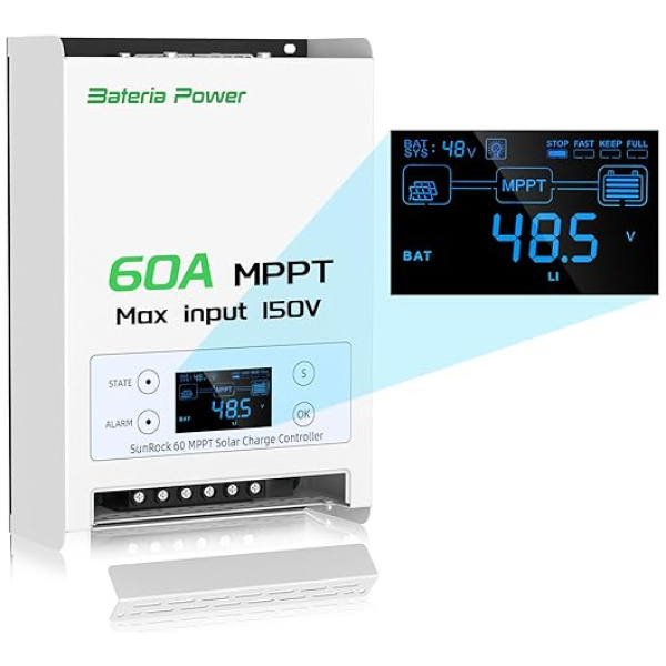 60A MPPT 12/24/36/48V Solar Charge Controller, Bateria Power 99.5% MPPT Efficiency Max Input 150V PV Solar Panel Regulator, Compatible with Gel,...