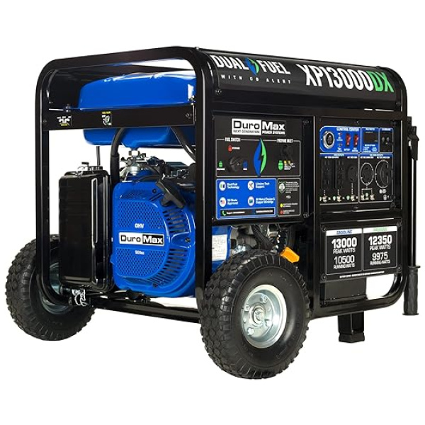 DuroMax XP13000DX 13,000-Watt/10,500-Watt 500cc Portable Dual Fuel Portable Generator w/CO Alert, Black/Blue