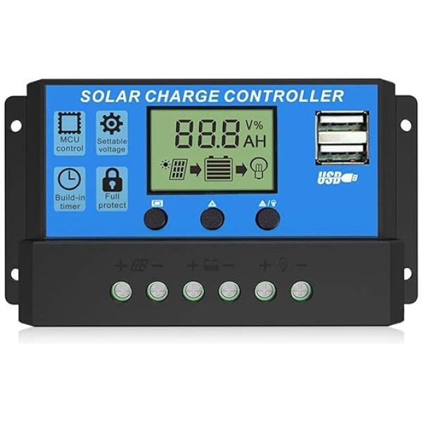 EEEkit 30A Solar Charge Controller, Solar Panel Charger Controller 12V/24V, Multi-Function Adjustable LCD Display with Dual USB Port Timer Setting...