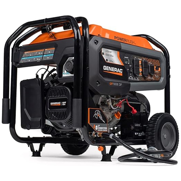 Generac 8011 GP7500E 7,500-Watt Dual-Fuel Compatible Portable Generator - Gas and Propane - COsense Technology with Electric Start - Powerrush...