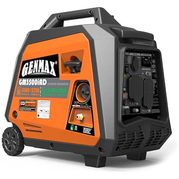 GENMAX Portable Inverter Generator, 3500W Super Quiet Gas or Propane Powered Engine with Parallel Capability, Manual start，Ideal for Camping Travel...