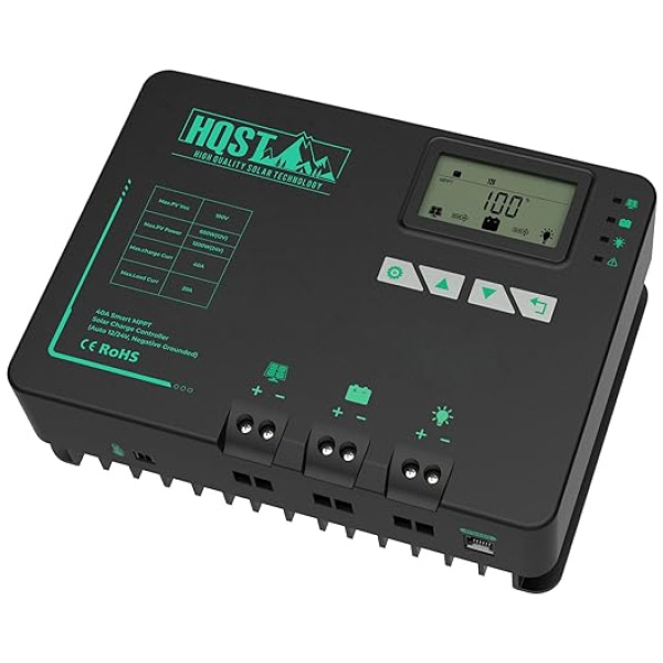 HQST MPPT Solar Charge Controller 40 Amp Negative Grounded Controller with Bluetooth LCD Display, 12V/24V DC Input Solar Panel Regulator for Gel...