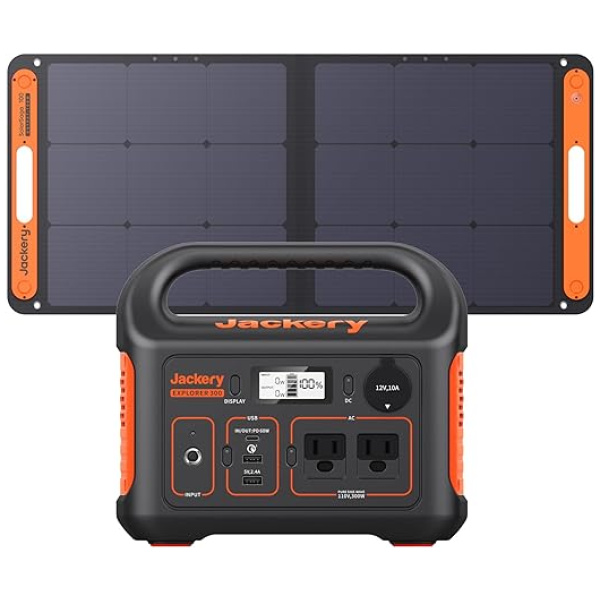 Jackery Solar Generator 300, 293Wh Backup Lithium Battery with 1XSolar Panel SolarSaga 100W, 110V/300W Pure Sine Wave AC Outlet for RV Outdoors...