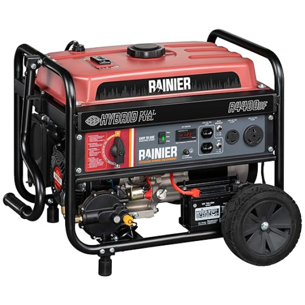 RAINIER R4400DF Dual Fuel (Gas and Propane) Portable Generator with Electric Start - 4400 Peak Watts & 3600 Rated Watts - CARB Compliant