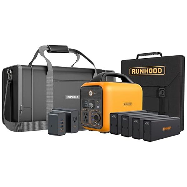 Runhood Solar Generator Rallye 600 Pro, 1296Wh Portable Power Station With RUNHOOD Carrying Case Bag&4 Hot Swappable Batteries, 110V/600W AC Outlet...