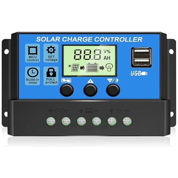 [Upgraded] 30A Solar Charge Controller, 12V/ 24V Solar Panel Regulator with Adjustable LCD Display Dual USB Port Timer Setting PWM Auto Parameter