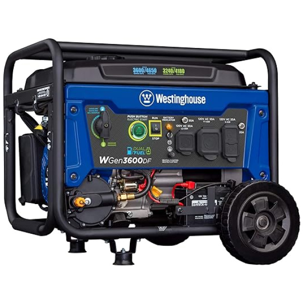 Westinghouse Outdoor Power Equipment 4650 Peak Watt Dual Fuel Portable Generator, Remote Electric Start with Auto Choke, RV Ready 30A Outlet, Gas &...