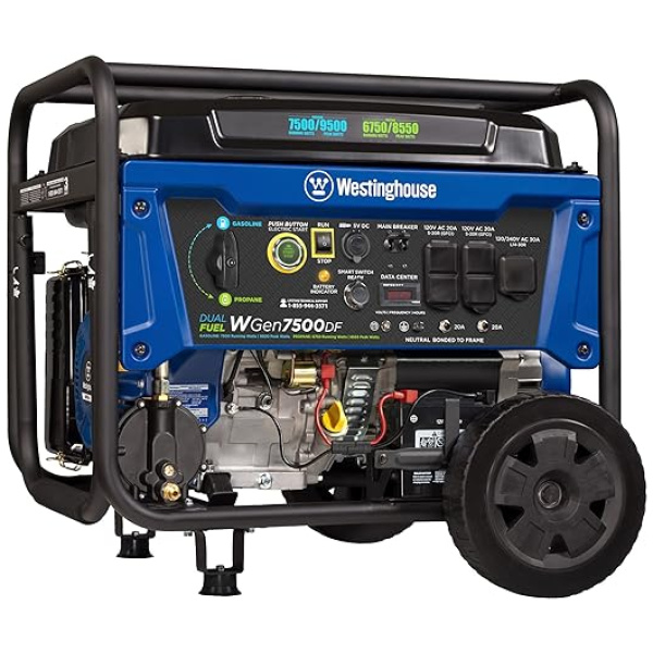 Westinghouse Outdoor Power Equipment 9500 Peak Watt Dual Fuel Home Backup Portable Generator, Remote Electric Start, Transfer Switch Ready, Gas &...